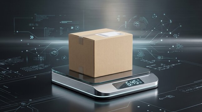 Digital scale measuring a cardboard package with futuristic technology interface and global network connections in background