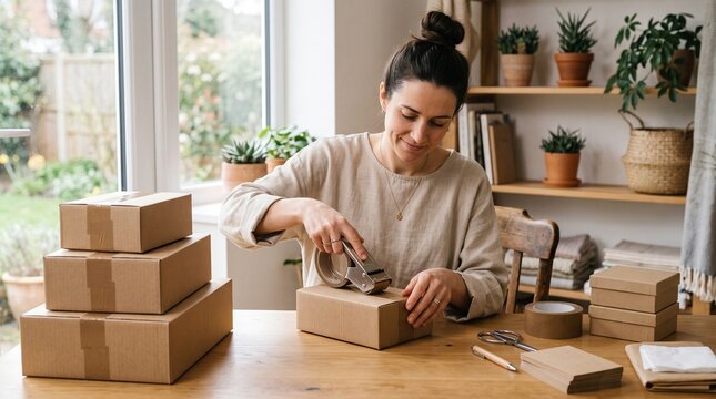 Woman sealing cardboard boxes with tape for shipping small business orders from home