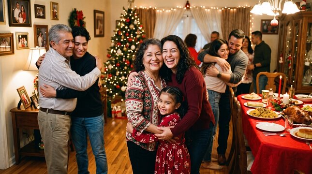 Multi generational family celebrating Christmas together with hugs and a festive dinner table