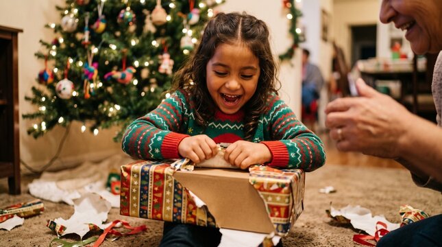 Excited young girl opening a Christmas gift with family nearby on holiday morning