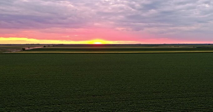 Aerial view of farm field with a spectacular pink and orange sunset on the horizon