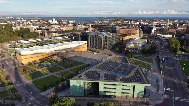 Aerial view of Helsinki Music Centre and Oodi Central Library, Finland