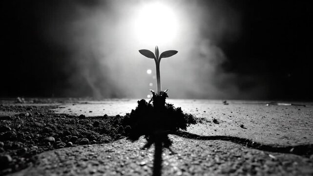 Sprout reaching for the light emerging from cracked earth, symbolizing resilience and hope in adversity