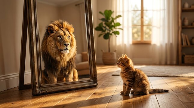 Small cute kitten looking at a lion reflection in a floor mirror