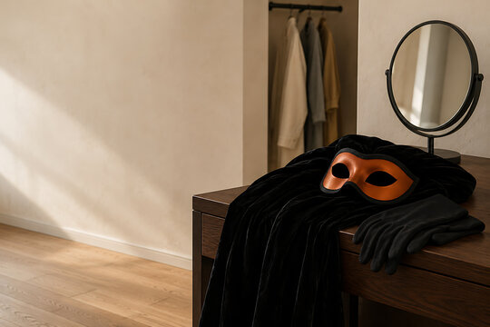 Masquerade mask and black gloves on wooden dressing table next to round mirror with party costume evening wear mystery mask vanity mirror elegant accessories masquerade accessory furniture