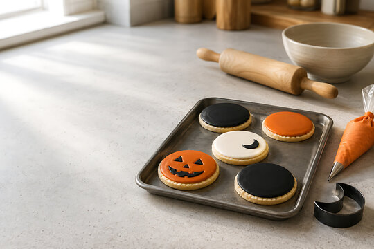 Freshly baked halloween cookies with jack o lantern face and black and orange frosting on a baking sheet on a kitchen counter sugar cookies holiday treats spooky sweets cookie sheet rolling pin