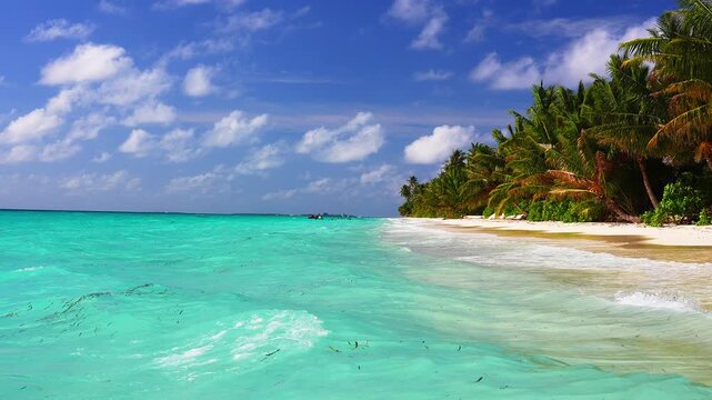 Gentle turquoise ocean waves wash onto the sandy shoreline lined with palm trees under a bright sky with scattered clouds in Maldives.