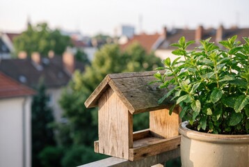 Fototapeta premium Small rustic wooden birdhouse sitting on a balcony railing next to a potted mint plant