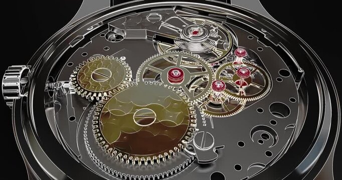 3D animation of luxury swiss automatic watch mechanism and movement.