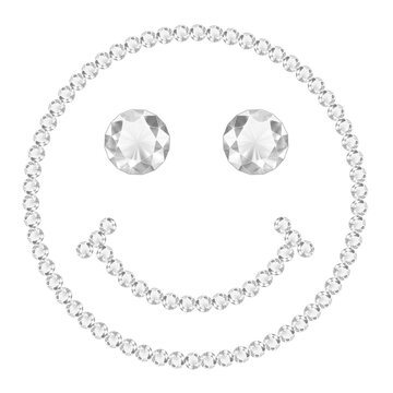 Luxury diamond smiley face illustration on black background. Sparkling gemstone happy emoticon vector design. Jewel studded smiley face icon for premium branding.