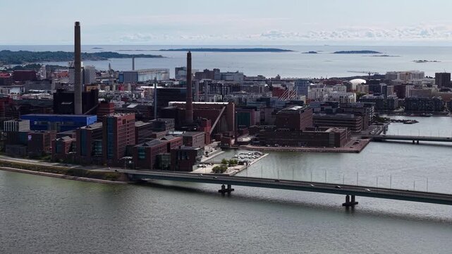 Drone footage of Ruoholahti and Salmisaari Power Plant, Helsinki, Finland
