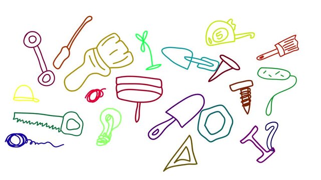 Colorful construction hand drawn tools animation doodle set for home renovation project and building work motion