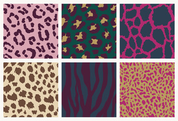 Naklejka premium Luxury animal skin prints in a vibrant glam palette. Set of seamless patterns in trendy style. Leopard, giraffe, zebra, hyena and cheetah for fashion, fabric, branding. Swatches included.
