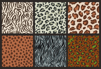 Naklejka premium Set of seamless patterns in modern style. Luxury wild animal skin prints in a vibrant color palette. Hyena, cheetah, zebra for fashion, fabrics, textile, branding. Swatches included.