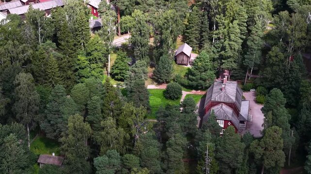 Drone view of Seurasaari Open-Air Museum wooden houses in Helsinki, Finland
