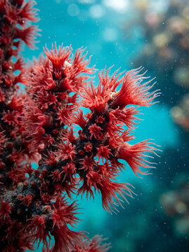 Vibrant Red Soft Coral Polyp Branching Underwater in Tropical Ocean