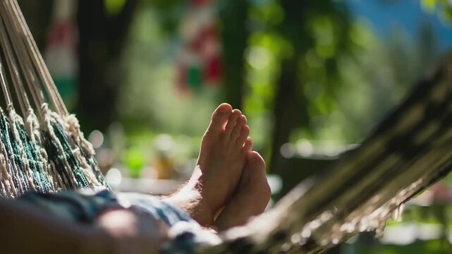 Summer hot vibe lifestyle. A closeup shot of a persons bare feet resting in a hammock. The person wears a blue and white patterned shirt.