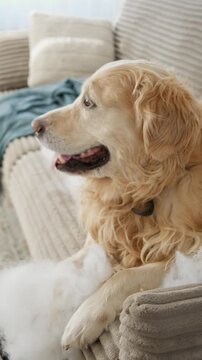 Happy Golden Retriever sitting on rug surrounded by shredded couch foam and scattered paper rolls