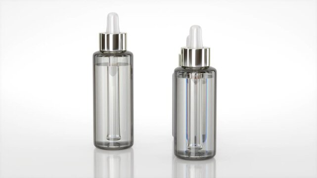 Realistic clear glass dropper bottles of cosmetic serums, essential oils, or pharmaceutical products rotate on a white background. 3d animation loop