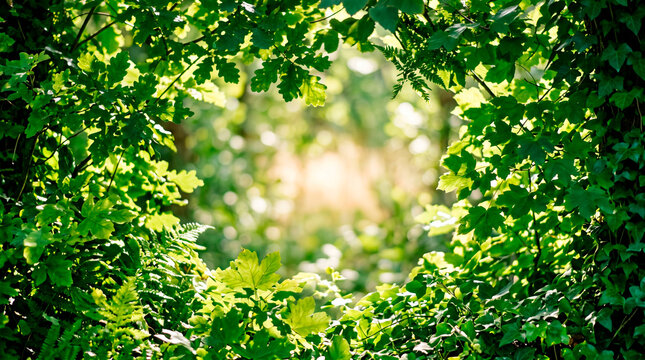 Lush green foliage framing a sunlit forest clearing with soft bokeh