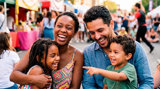 Joyful family laughing together at an outdoor street fair