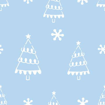 Cute seamless Christmas tree pattern featuring simple white festive trees with stars and playful snowflakes on a soft pastel blue background in hand drawn flat vector style for fabric, wrapping paper,