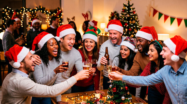 Group of friends celebrating Christmas with drinks and laughter indoors