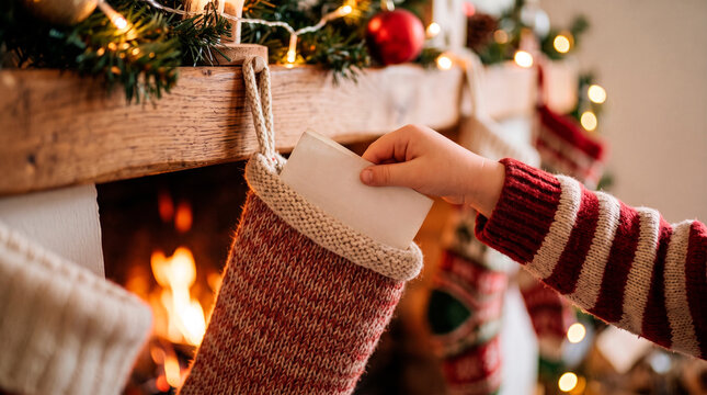 Childs hand placing a card into a Christmas stocking by a fireplace
