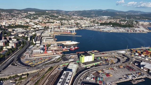 Drone view of the busy Port Container Terminal in Trieste city, Italy