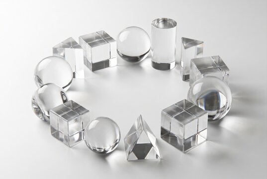 Various geometric clear acrylic shapes arranged in a circle on a white background