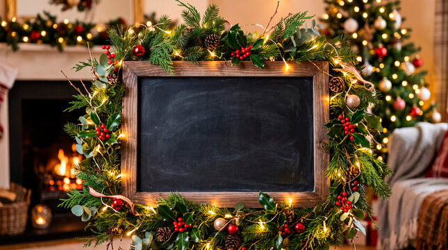 Christmas Blackboard Decoration with Garland and Lights