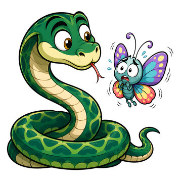 Cute Snake and Scared Butterfly Cartoon PNG Vector Illustration