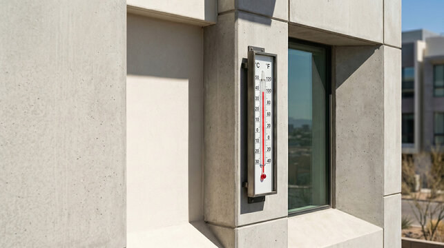 Outdoor Air Temperature Thermometer on Building Facade in Daylight