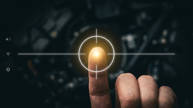 Futuristic biometric finger scanning interface, digital security authentication concept, glowing touch sensor on dark background