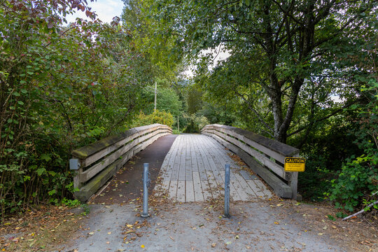 Wooden Footbridge Over Forest Trail At Great Blue Heron Nature Reserve Chilliwack BC Canada