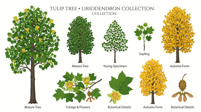 Very beautiful realistic vector collection of multiple Liriodendron tulipifera trees with tall trunks, distinctive crowns, and elegant botanical forms, TULIP TREE &bull; LIRIODENDRON COLLECTION, isolated o