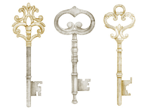 Vintage key watercolor set. Collection of antique iron and golden skeleton keys isolated on background. Decorative illustration clipart for stationery, fantasy themes and vintage design projects.