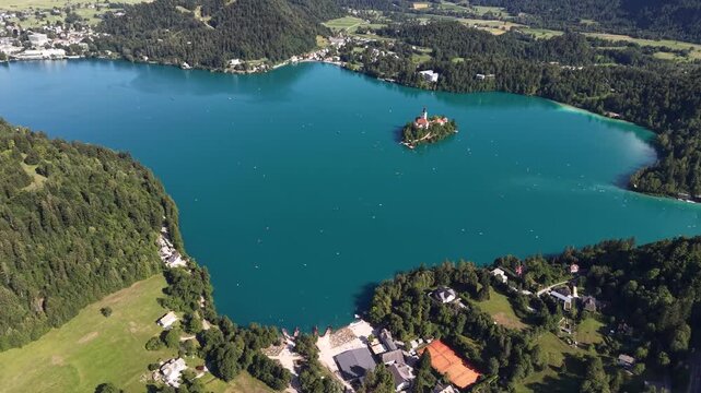 Flight over Lake Bled (Bledsko jezero) and Island Church, Slovenia