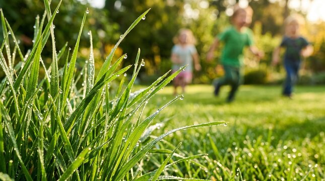 Children Kids playing tag in a sunny yard with green grass  