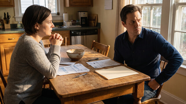 Tense Kitchen Talk About Money, With Guilt Shown in Body Language