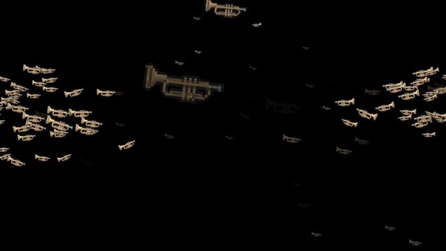 trumpet, brass instrument, horn, jazz, brass band, fanfare, bugle, orchestra, acoustic music, blow, metallic, wind instrument, musical performance, gold horn, retro trumpet, pixel brass