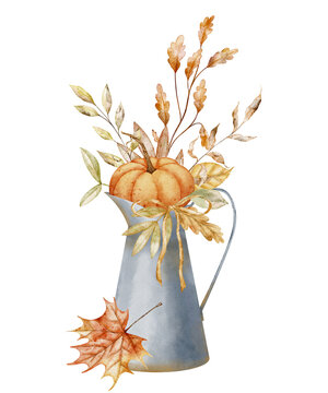 Jug watercolor illustration with pumpkin, autumn branches and fall leaves isolated on background. Seasonal harvest arrangement clipart for farmhouse, Thanksgiving invitations and rustic greetings.