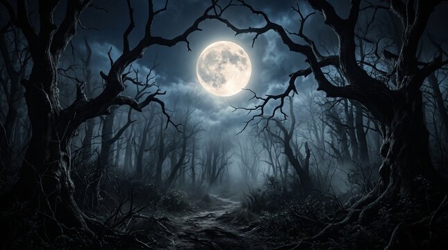 scary forest at night with full moon