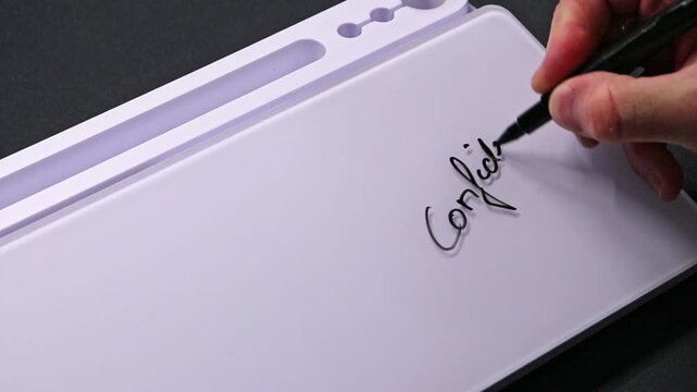 European male hand writing confidential on whiteboard with black pen and erases it with white sponge afterwards for seamless looping message writing on whiteboard. Confidential topic is secret.