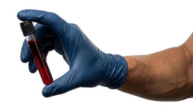 Close Up of a Gloved Hand Holding a Vacuum Blood Collection Tube with a Dark Red Liquid Sample for Medical Testing and Laboratory Research Isolated on White