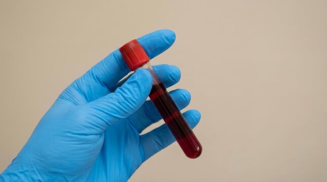 Hand in blue medical glove holding vacuum tube with blood sample for laboratory analysis