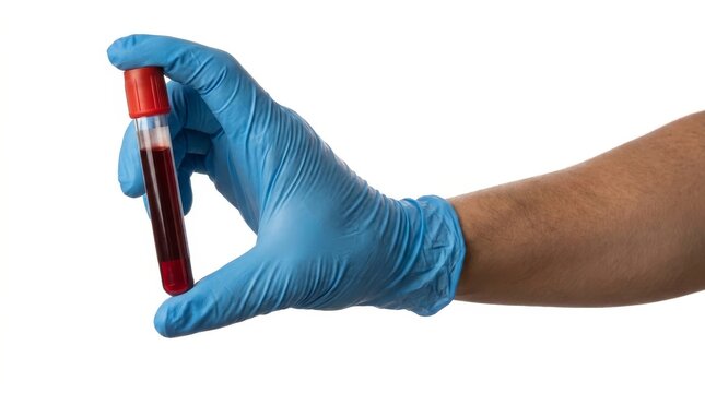Gloved hand holding blood collection tube for medical lab testing