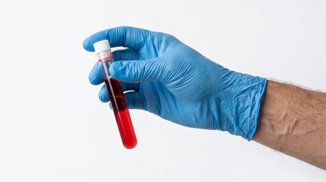 Gloved hand holding test tube with blood sample for clinical analysis against white background.