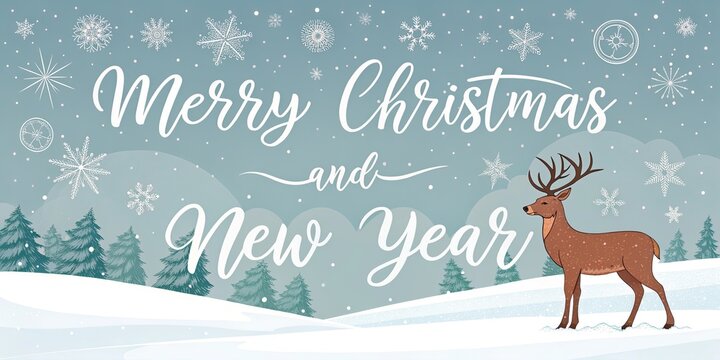 Merry Christmas and Happy New Year greeting card with deer in snowy winter forest