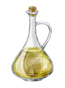 Olive oil cruet watercolor illustration of a glass bottle with golden oil isolated on background. Mediterranean kitchen clipart with glass jar and cork for cooking, cuisine, food, tableware design.